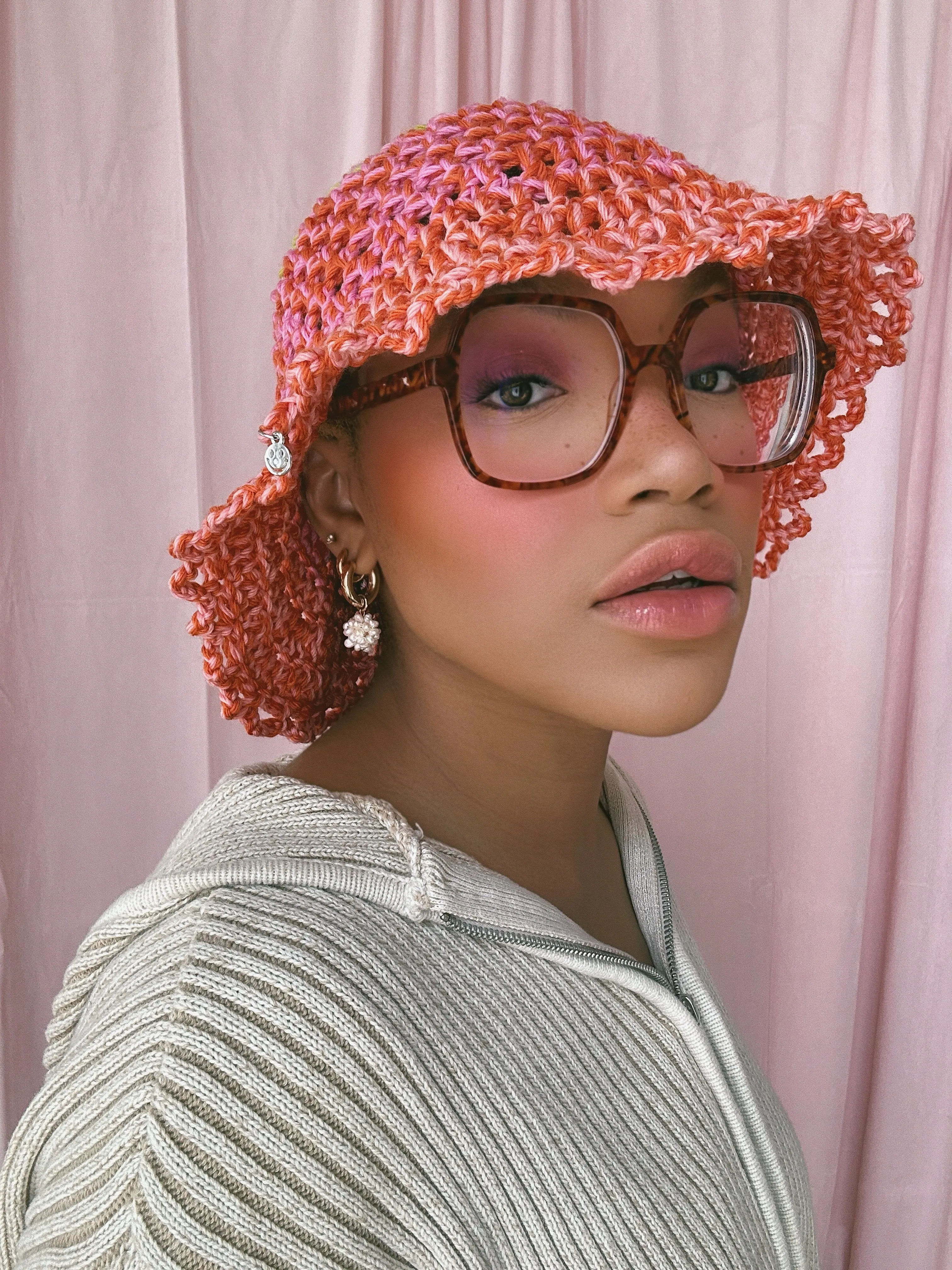 (1 Of 1) Green, Pink and Orange Crochet Hat - READY TO SHIP