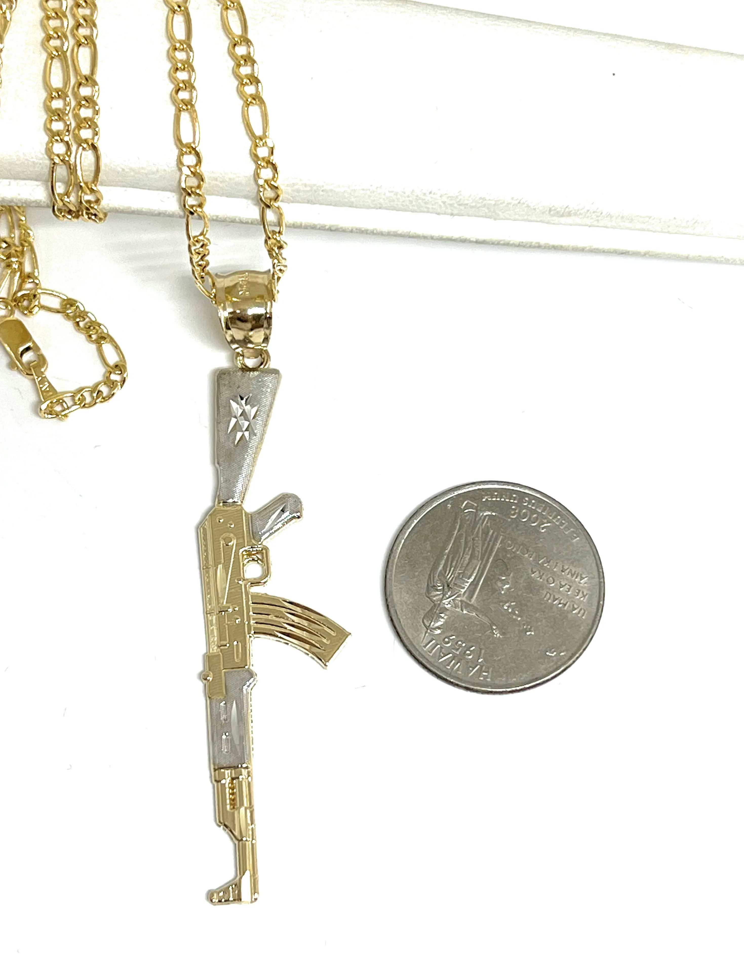 14k Solid Gold 2-Tone Classic Machine Gun AK-47 Detailed Pendant Necklace