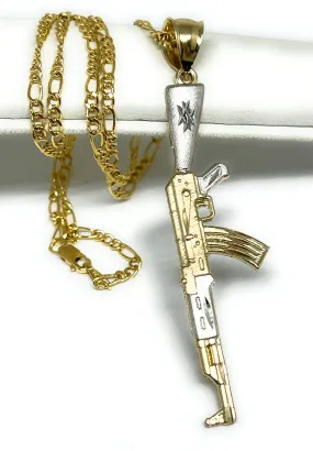 14k Solid Gold 2-Tone Classic Machine Gun AK-47 Detailed Pendant Necklace