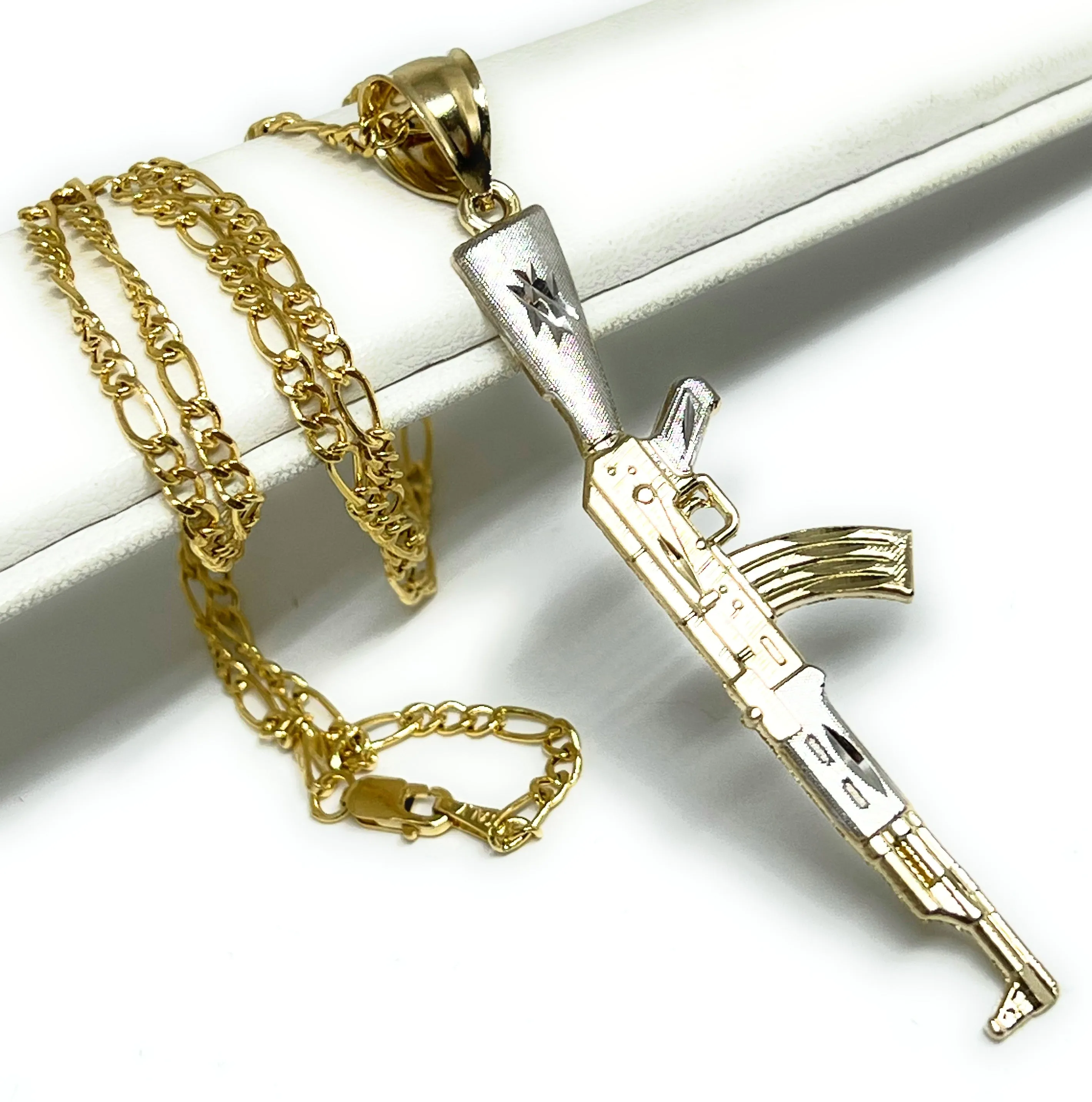 14k Solid Gold 2-Tone Classic Machine Gun AK-47 Detailed Pendant Necklace