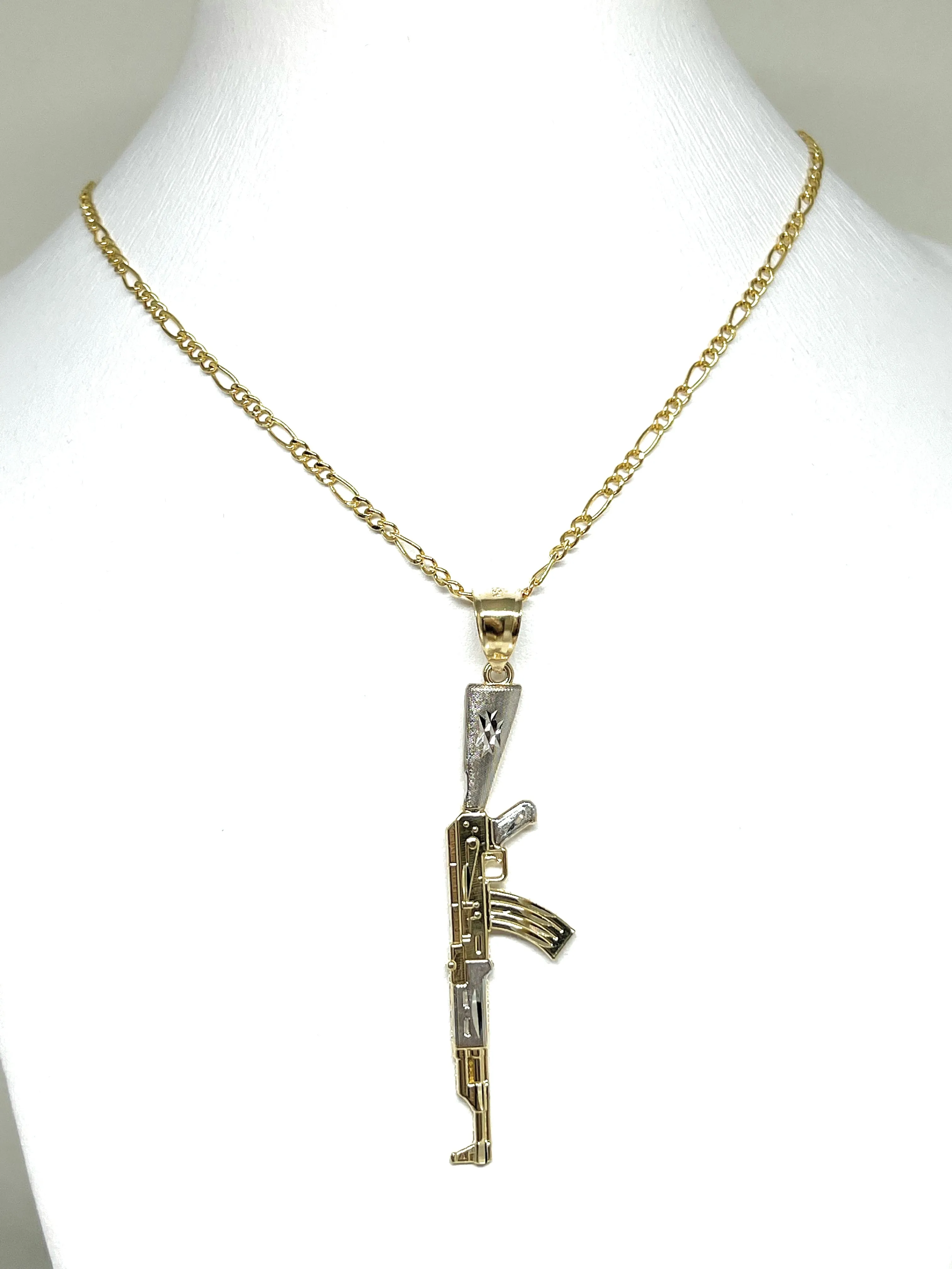 14k Solid Gold 2-Tone Classic Machine Gun AK-47 Detailed Pendant Necklace