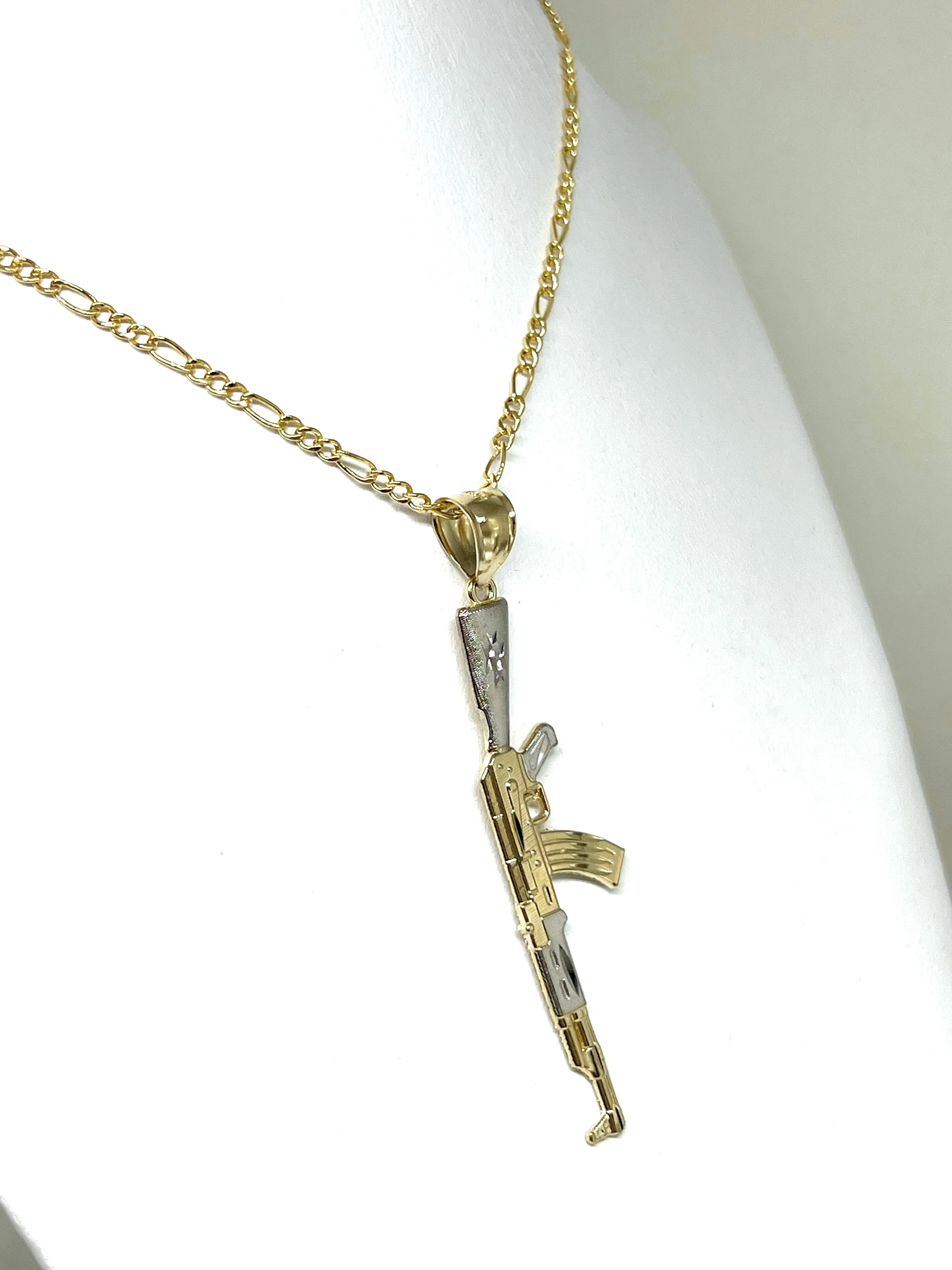 14k Solid Gold 2-Tone Classic Machine Gun AK-47 Detailed Pendant Necklace