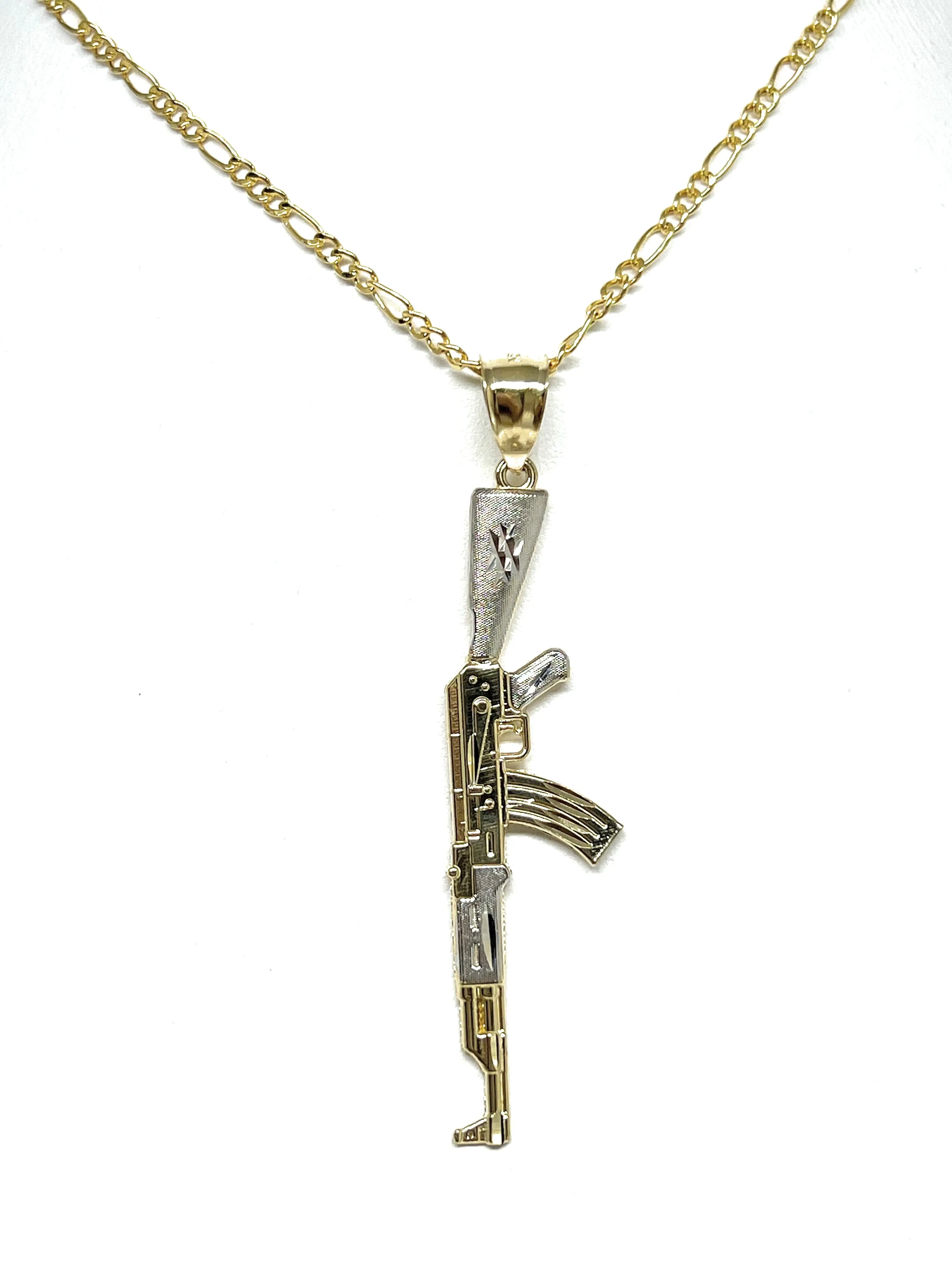 14k Solid Gold 2-Tone Classic Machine Gun AK-47 Detailed Pendant Necklace