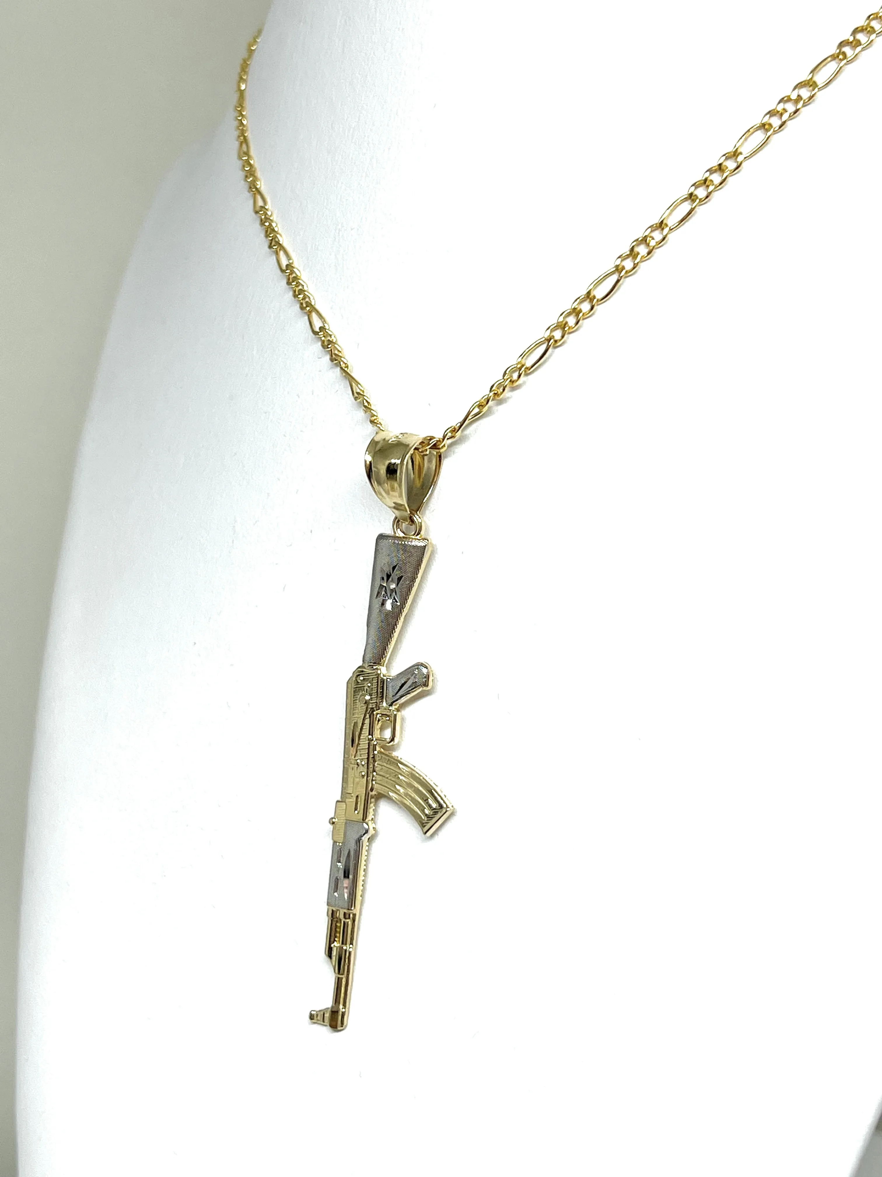 14k Solid Gold 2-Tone Classic Machine Gun AK-47 Detailed Pendant Necklace