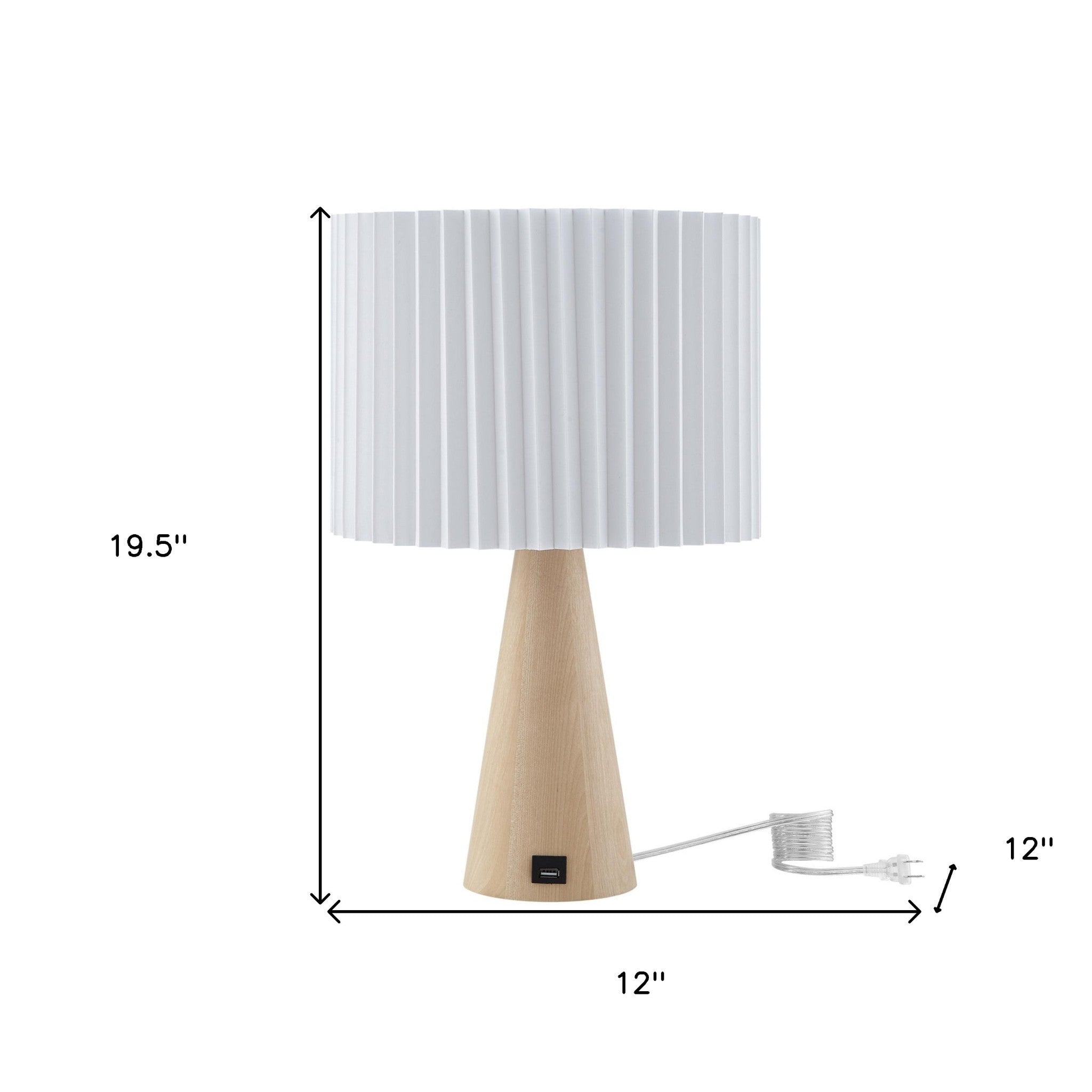 20 Beige Solid Wood USB Table Lamp With Beige Drum Shade