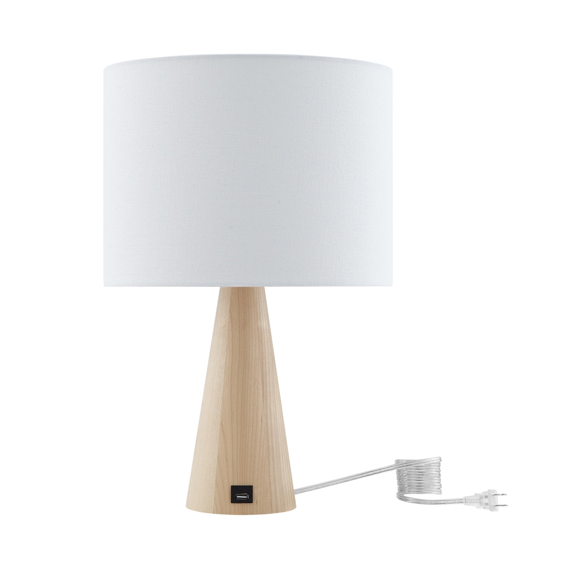 20 Beige Solid Wood USB Table Lamp With Beige Drum Shade