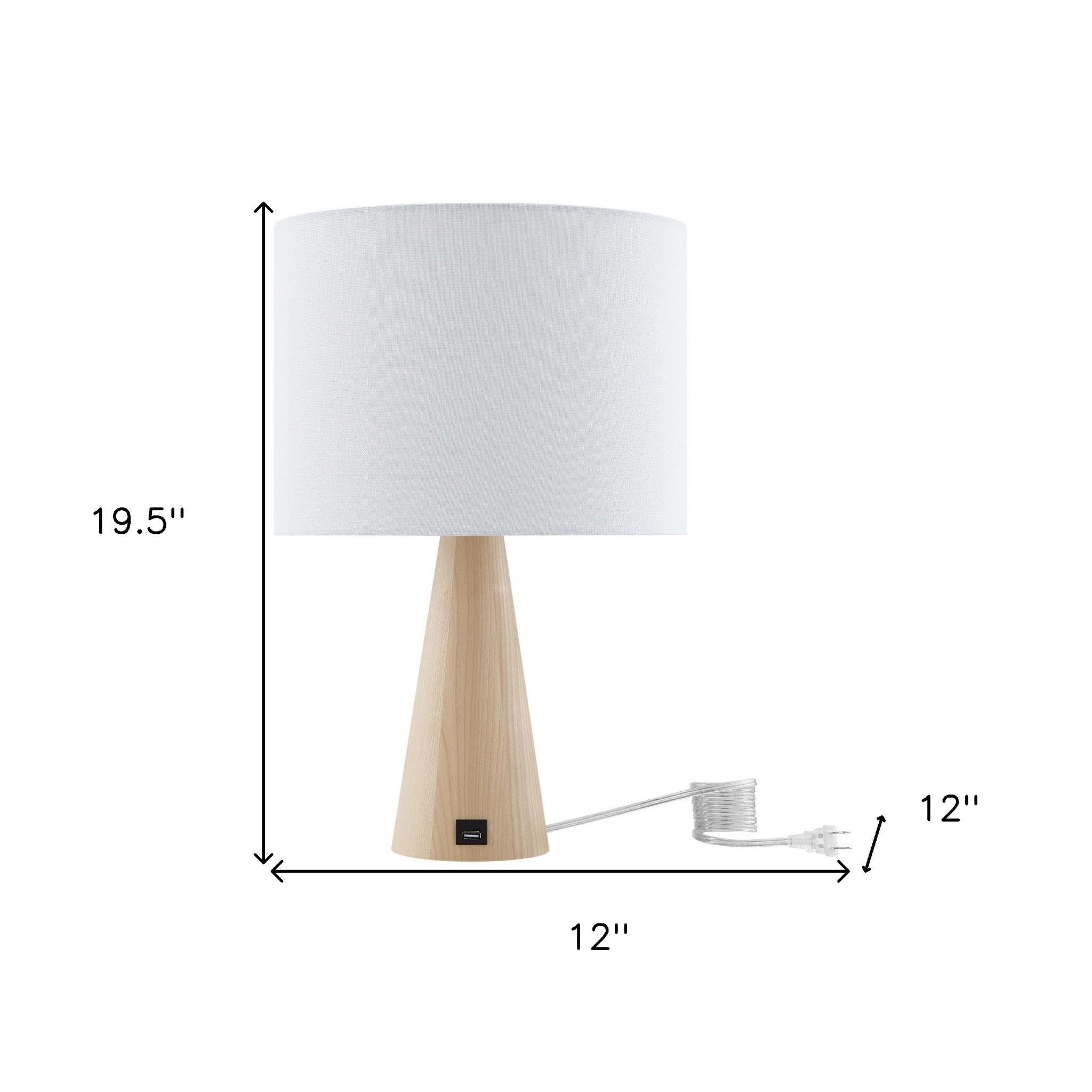 20 Beige Solid Wood USB Table Lamp With Beige Drum Shade