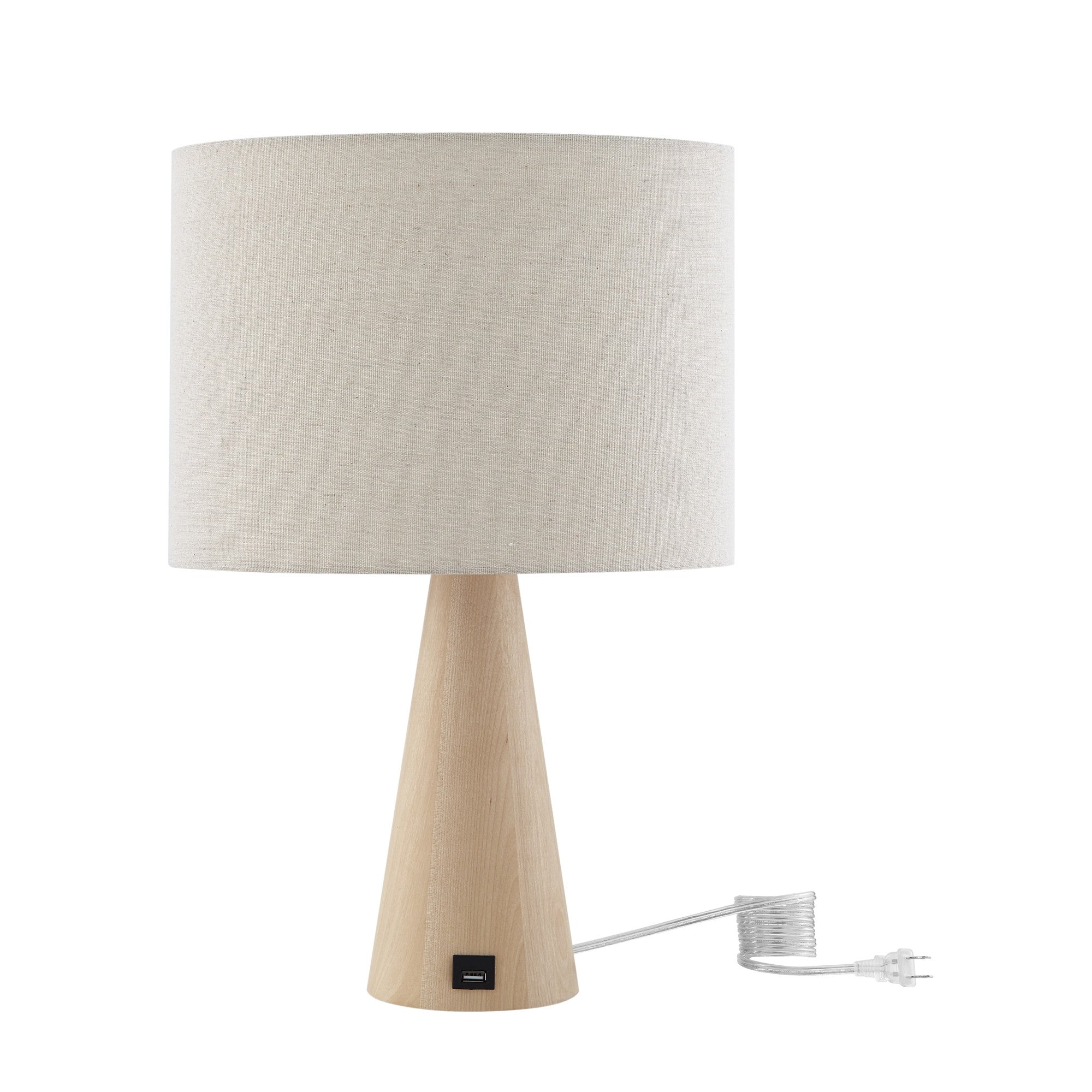 20 Beige Solid Wood USB Table Lamp With Beige Drum Shade