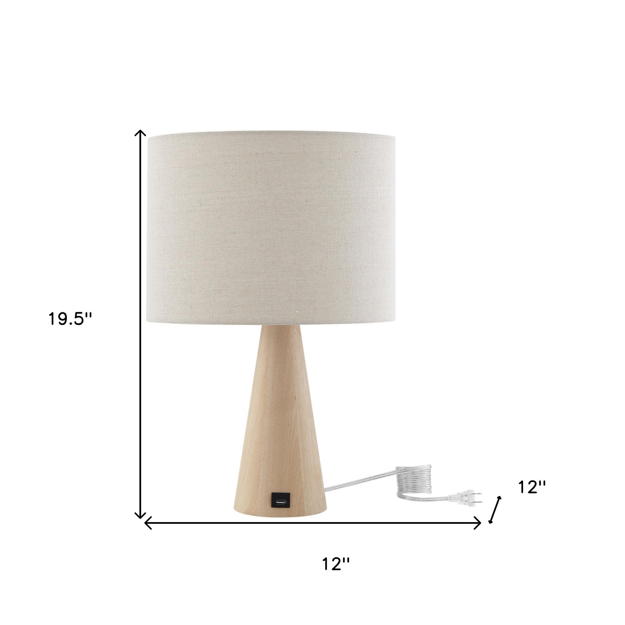 20 Beige Solid Wood USB Table Lamp With Beige Drum Shade