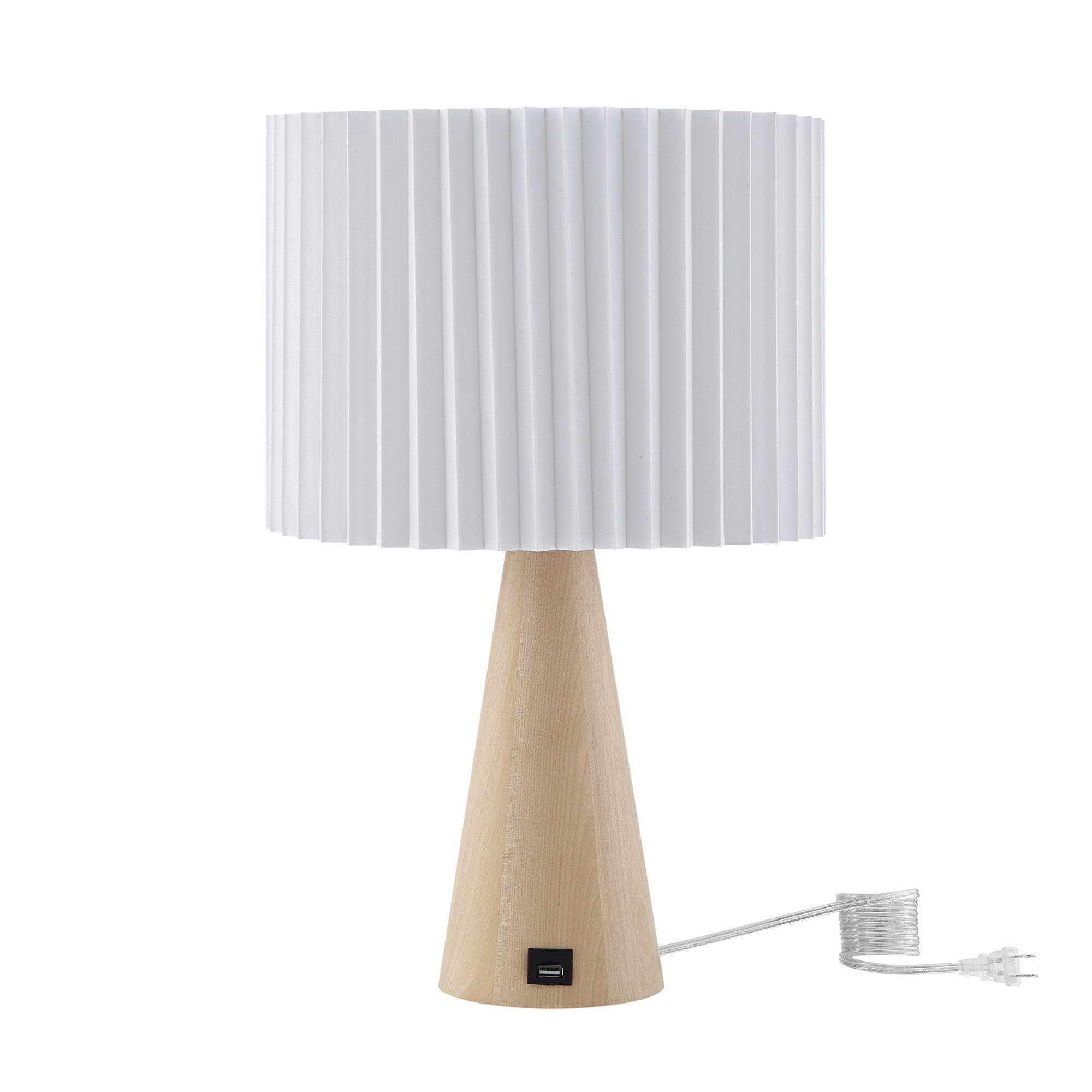 20 Beige Solid Wood USB Table Lamp With Beige Drum Shade