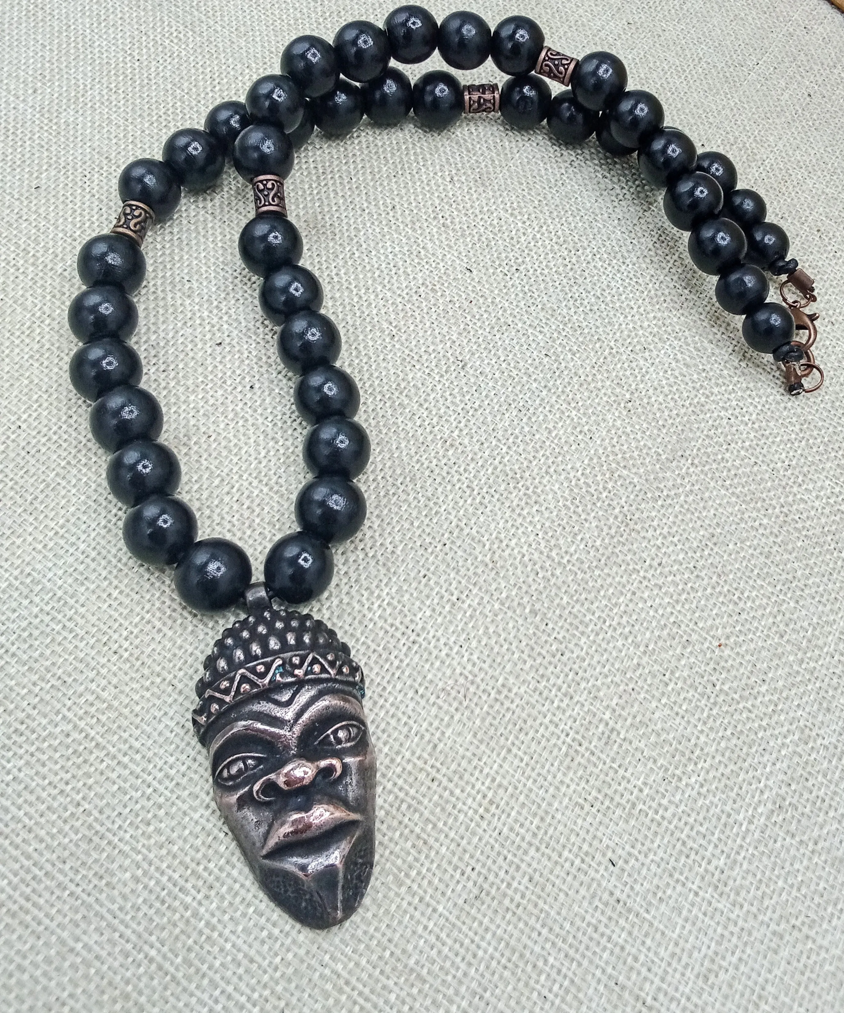 African Men Face Pendant Black Copper Jewelry Beaded Gift for Him