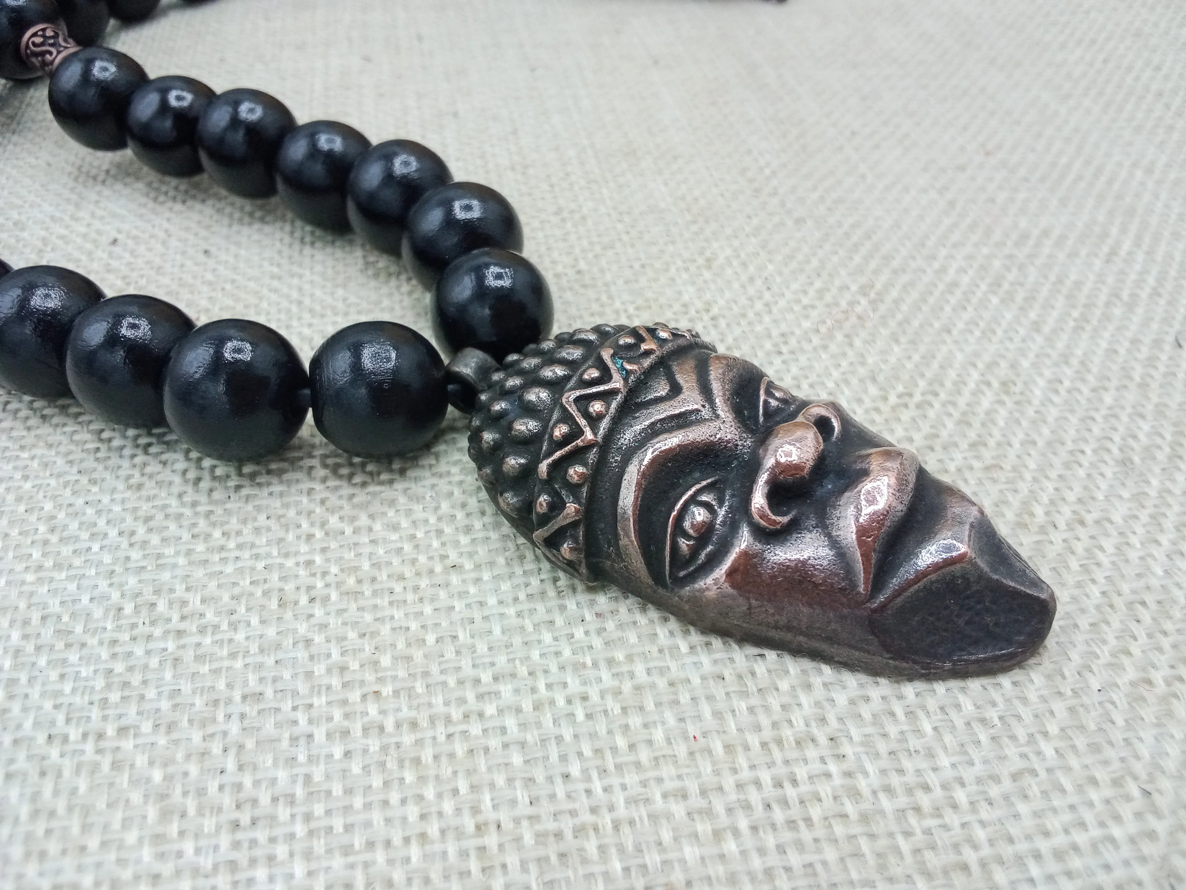 African Men Face Pendant Black Copper Jewelry Beaded Gift for Him