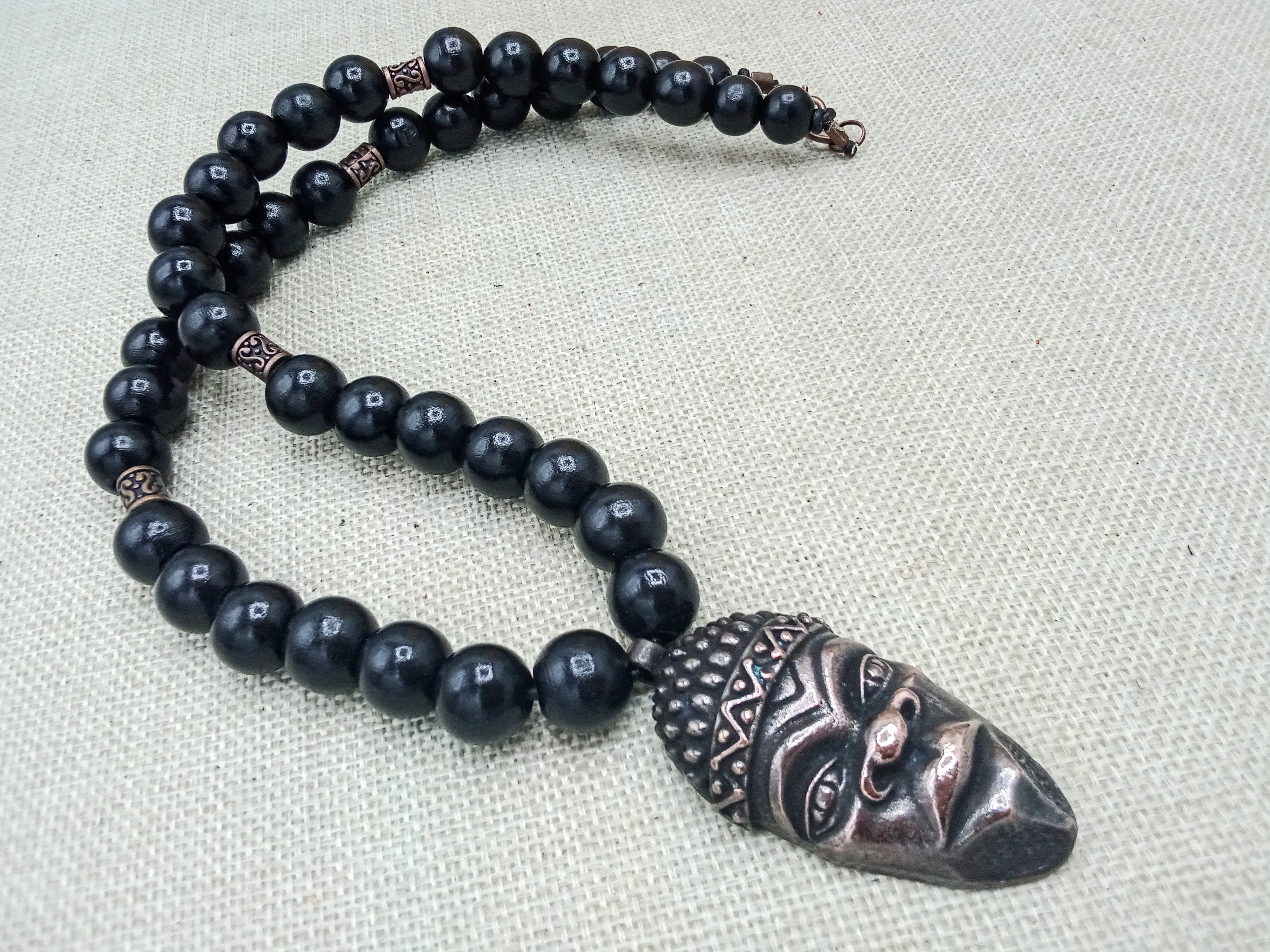 African Men Face Pendant Black Copper Jewelry Beaded Gift for Him