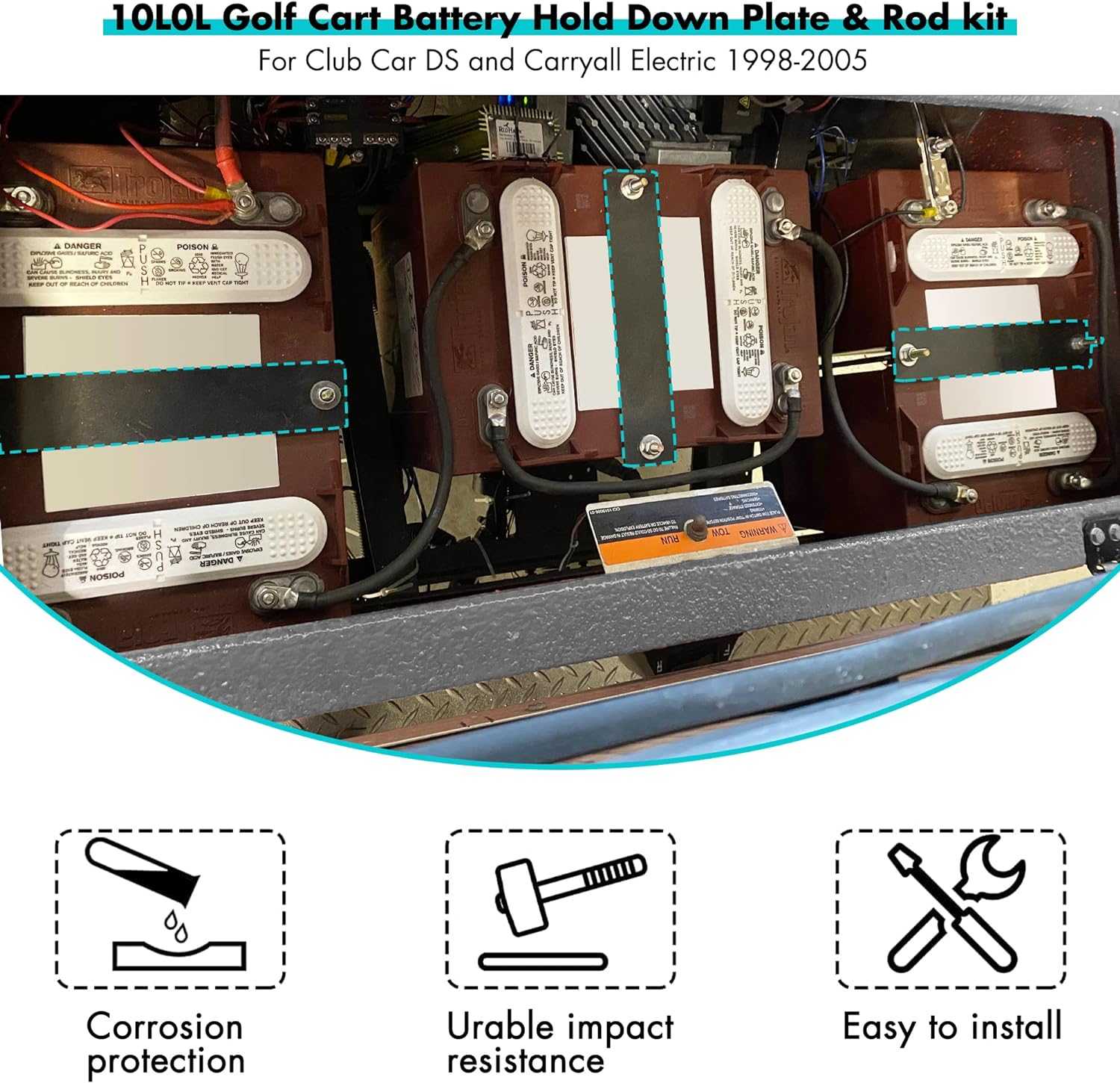 Battery Hold Down Plate and Rod kit for Club Car DS and Carryall Electric 1998-2005|10L0L