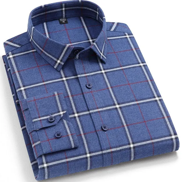 Brushed Plaid Heavy Cotton Long-sleeve Comfortable Shirt for Men