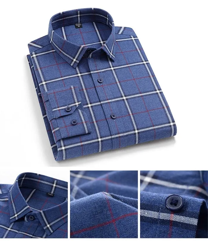 Brushed Plaid Heavy Cotton Long-sleeve Comfortable Shirt for Men