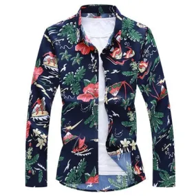 Casual Style Flower Printed Single Breasted Long Sleeve Shirt for Men