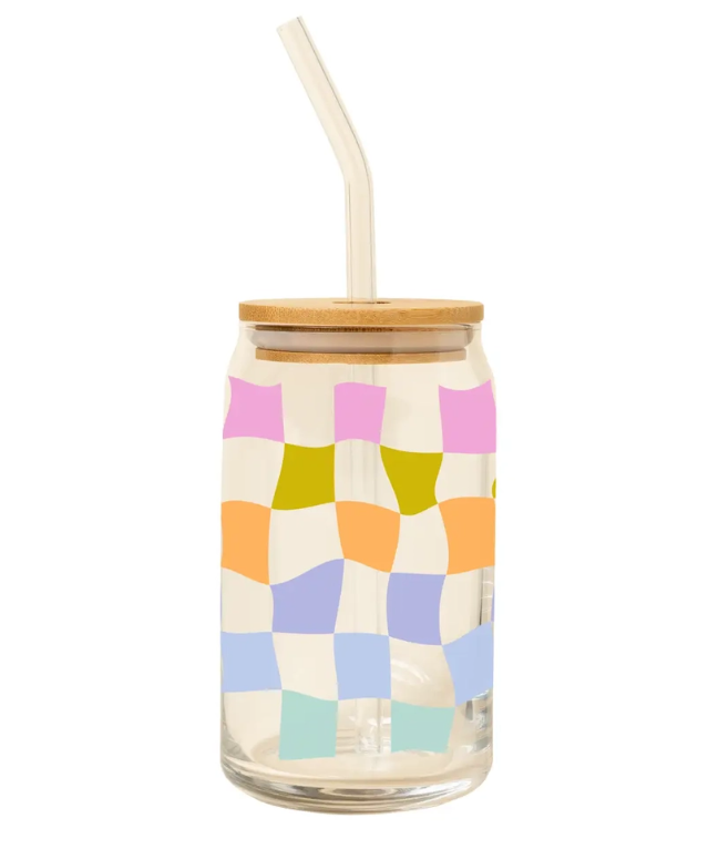 Glass Can with Lid + Straw - Carnival Check