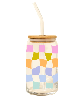 Glass Can with Lid + Straw - Carnival Check