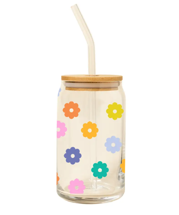 Glass Can with Lid + Straw - Daisy