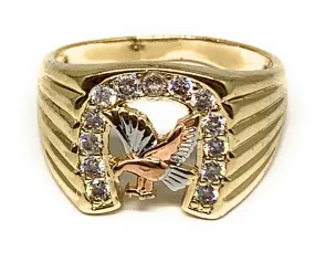 Gold Plated Tri-Color Eagle Horseshoe CZ Ring Anillo