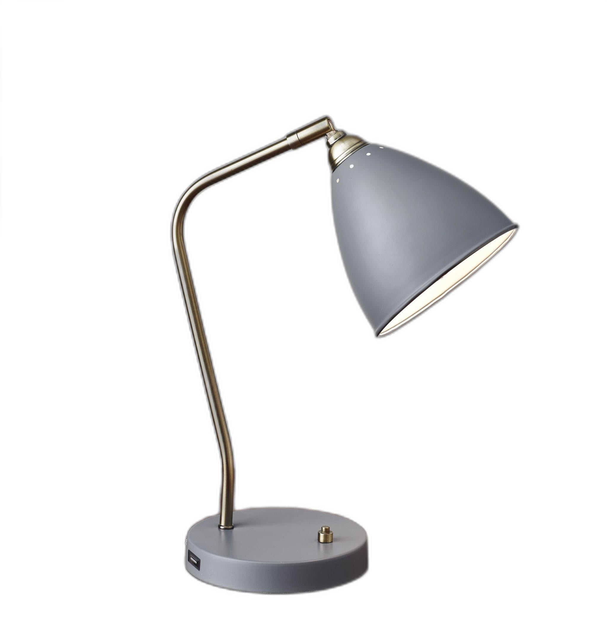 Grey Metal And Antique Brass Adjustable Usb Port Desk Lamp