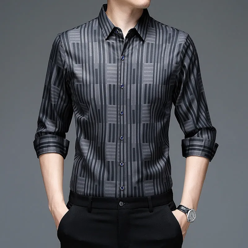 Korean Fashion Square Collar Striped Casual Long Sleeve Shirt for Men