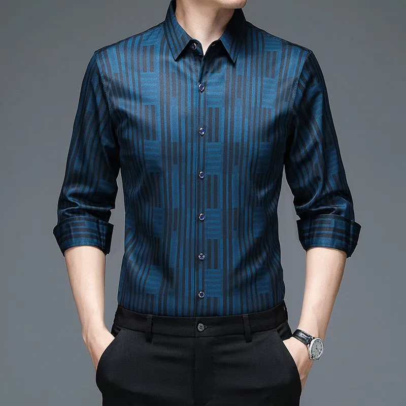 Korean Fashion Square Collar Striped Casual Long Sleeve Shirt for Men