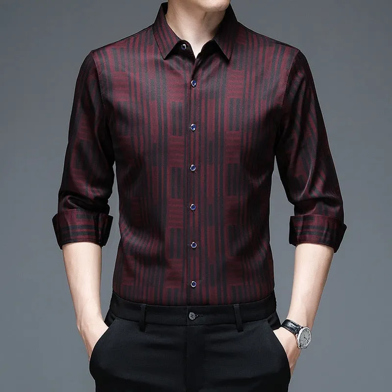 Korean Fashion Square Collar Striped Casual Long Sleeve Shirt for Men