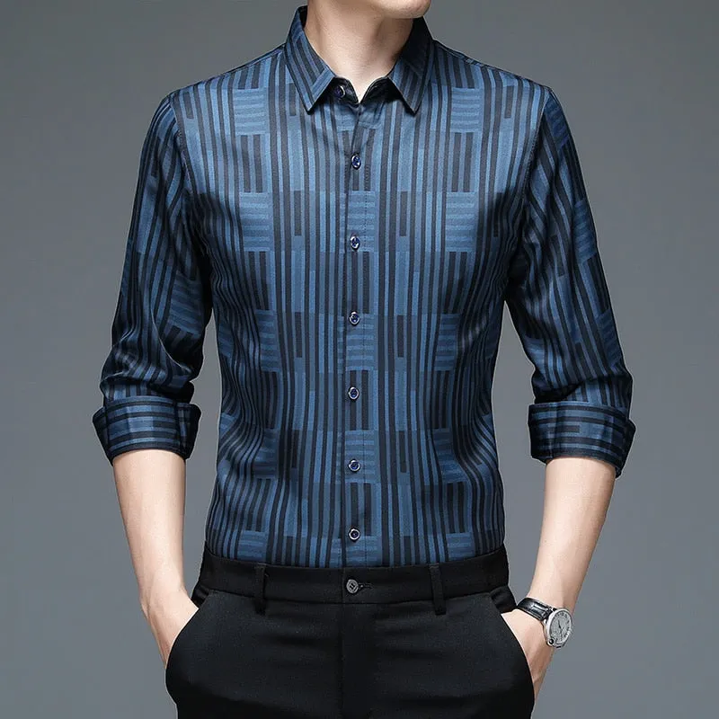 Korean Fashion Square Collar Striped Casual Long Sleeve Shirt for Men