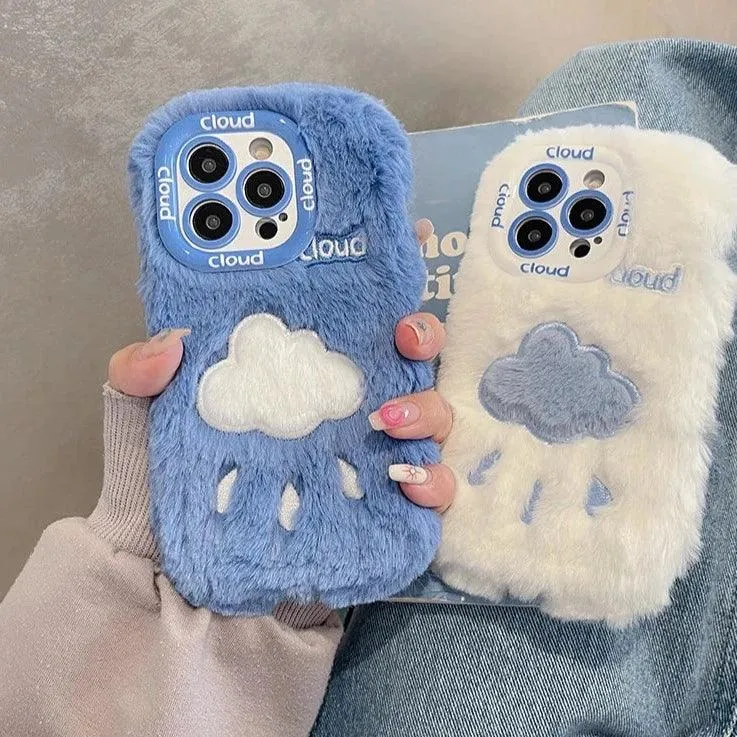 Lovely White Blue Clouds Plush Cute Phone Case for iPhone 11-15 Pro Max and 15 Plus