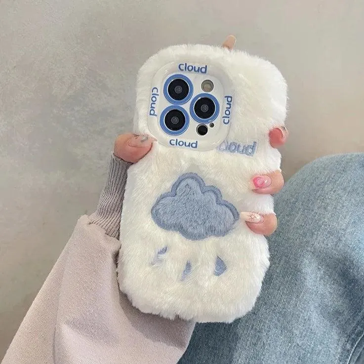 Lovely White Blue Clouds Plush Cute Phone Case for iPhone 11-15 Pro Max and 15 Plus