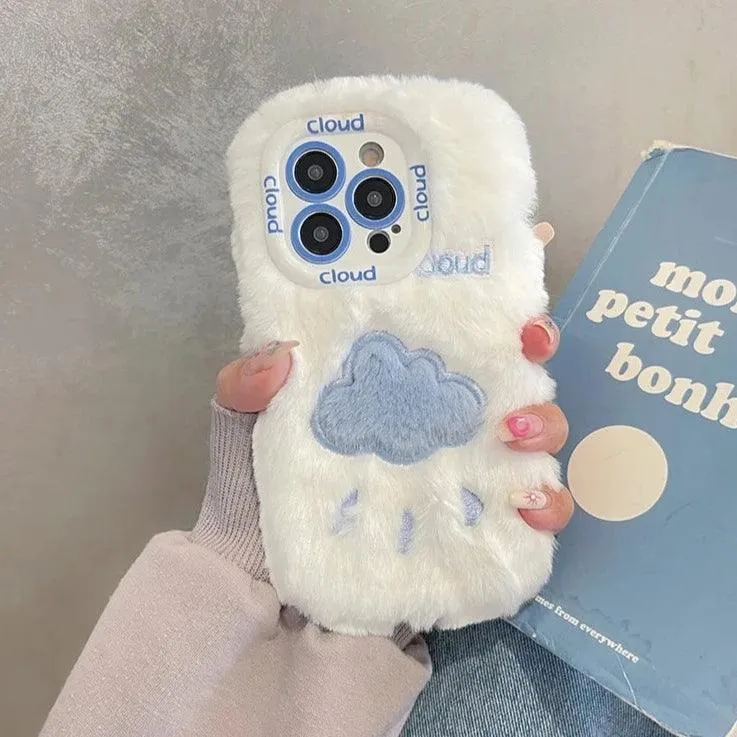 Lovely White Blue Clouds Plush Cute Phone Case for iPhone 11-15 Pro Max and 15 Plus