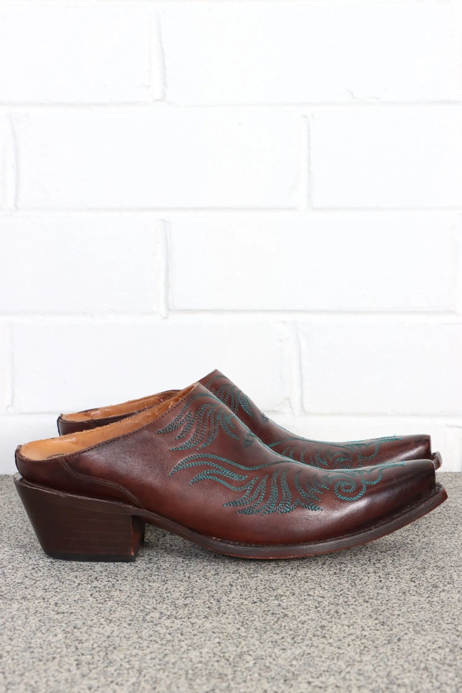 LUCCHESE Burgundy Brown & Teal Leather Cowboy Mules (7)