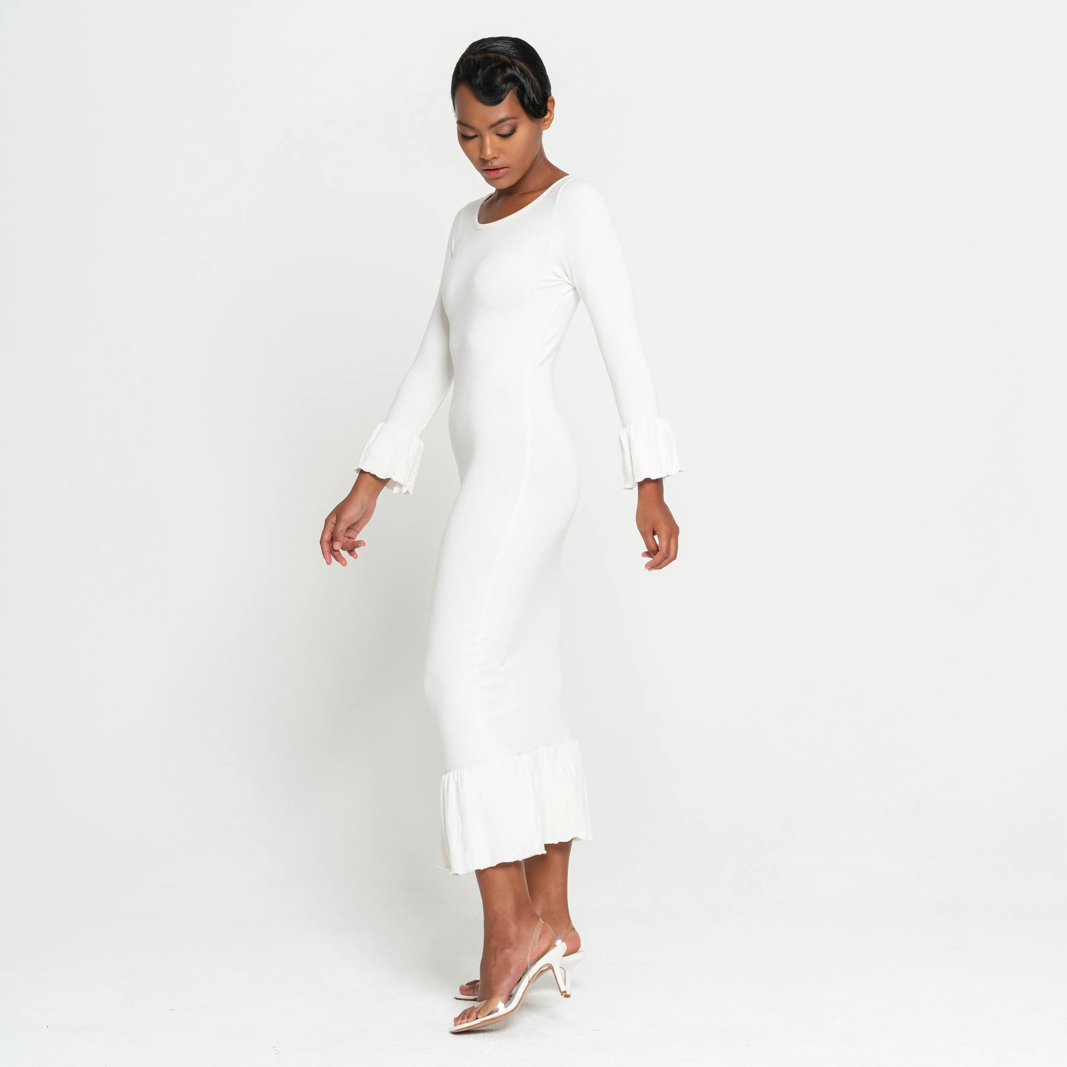 MARJORIE Bamboo Ruffle Dress, in Off-White