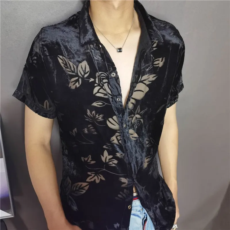 Men's Black Polyester Sexy Transparent Leaf Printed Short-Sleeve Shirt