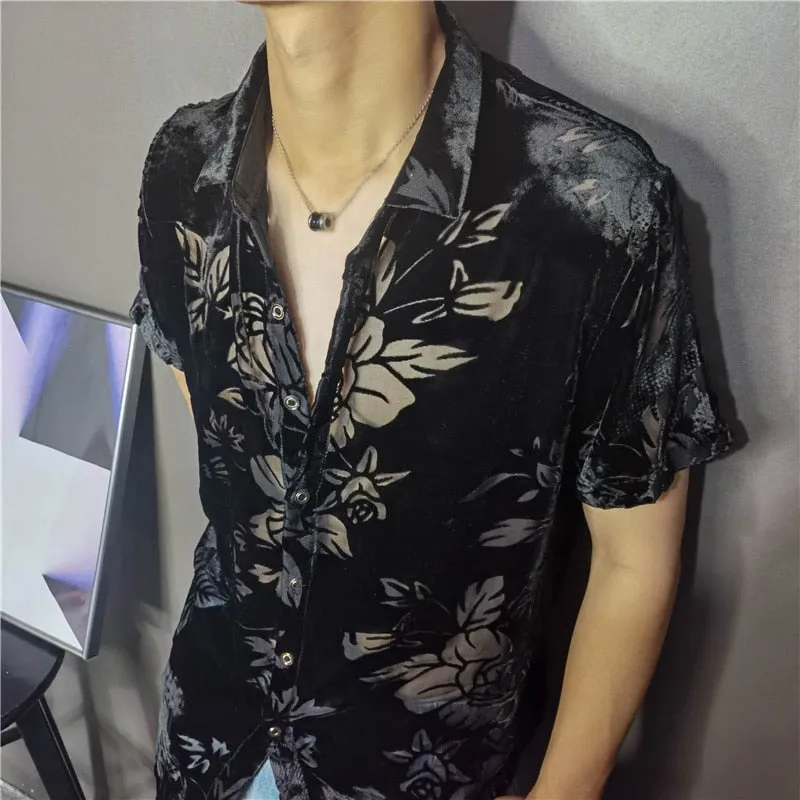 Men's Black Polyester Sexy Transparent Leaf Printed Short-Sleeve Shirt