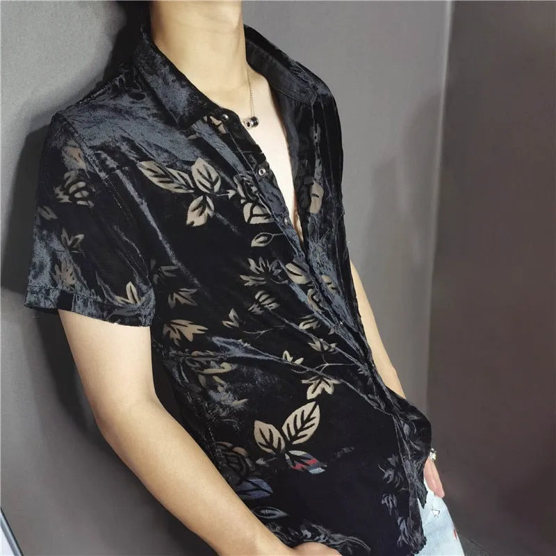 Men's Black Polyester Sexy Transparent Leaf Printed Short-Sleeve Shirt