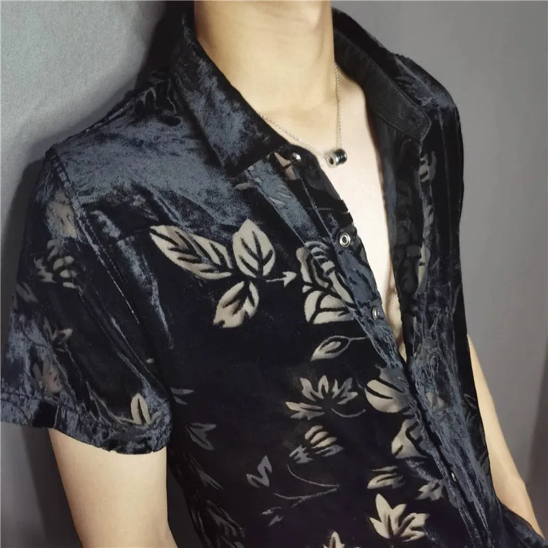 Men's Black Polyester Sexy Transparent Leaf Printed Short-Sleeve Shirt