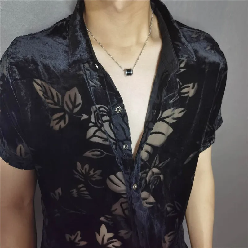 Men's Black Polyester Sexy Transparent Leaf Printed Short-Sleeve Shirt