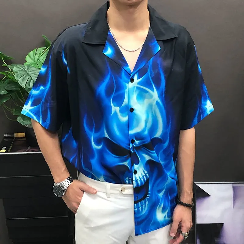 Men's Summer Fashion Flame Skeleton Printing Short Sleeve Loose Shirt