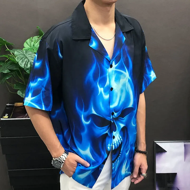 Men's Summer Fashion Flame Skeleton Printing Short Sleeve Loose Shirt