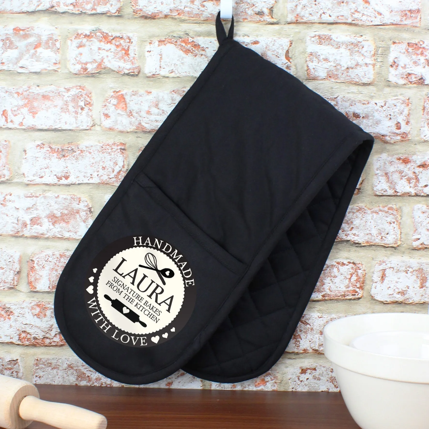 Personalised Handmade With Love Black Oven Gloves