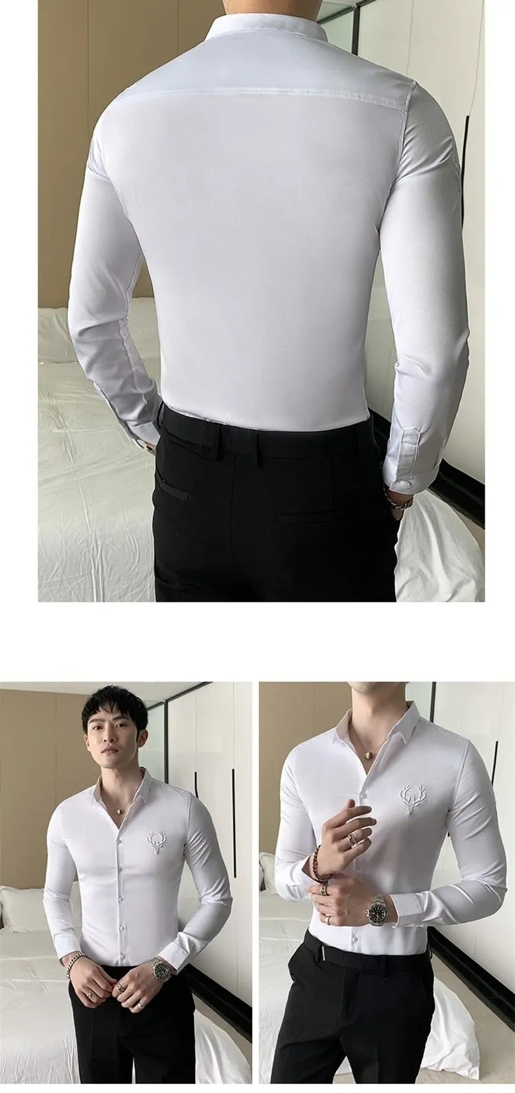 Plus Size Slim Fit Long Sleeve Embroidery Men's British Style Formal Shirt