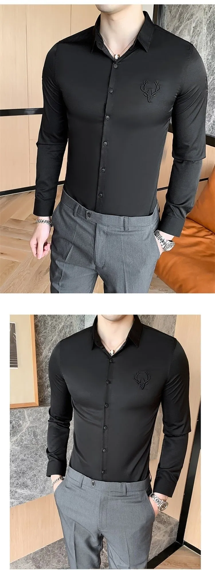 Plus Size Slim Fit Long Sleeve Embroidery Men's British Style Formal Shirt