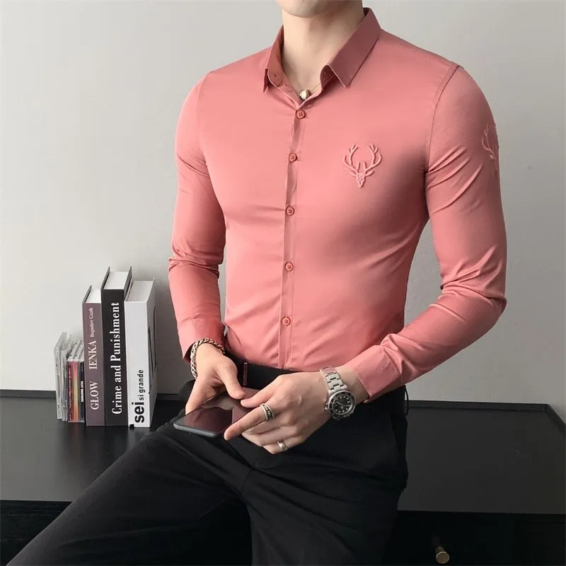 Plus Size Slim Fit Long Sleeve Embroidery Men's British Style Formal Shirt