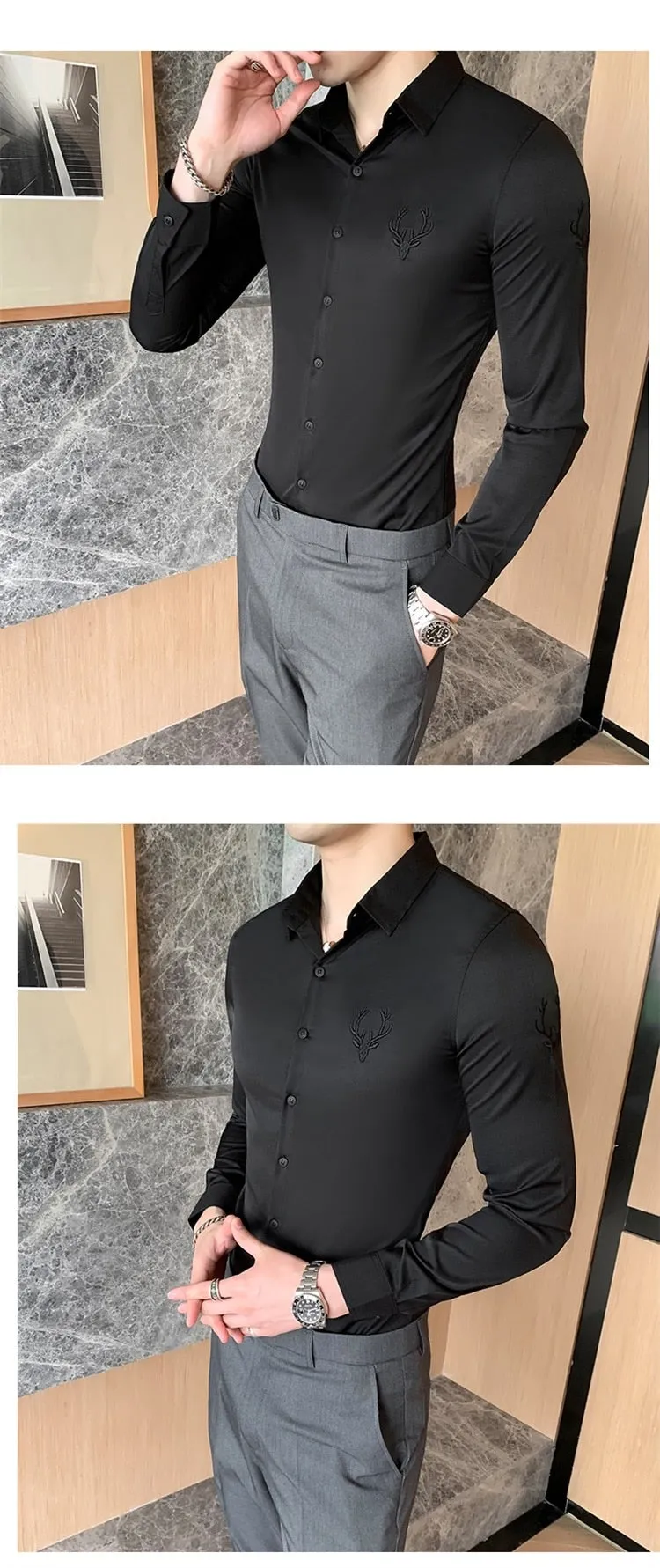 Plus Size Slim Fit Long Sleeve Embroidery Men's British Style Formal Shirt