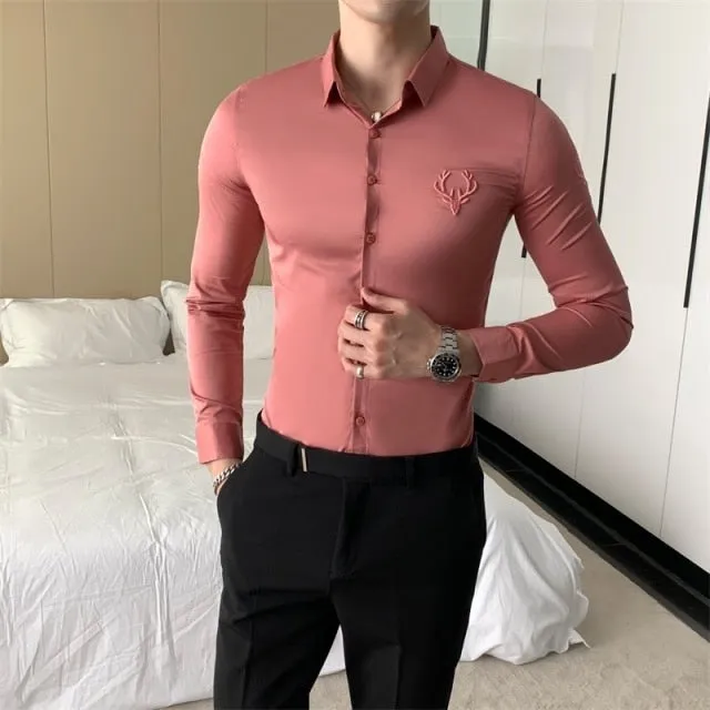 Plus Size Slim Fit Long Sleeve Embroidery Men's British Style Formal Shirt