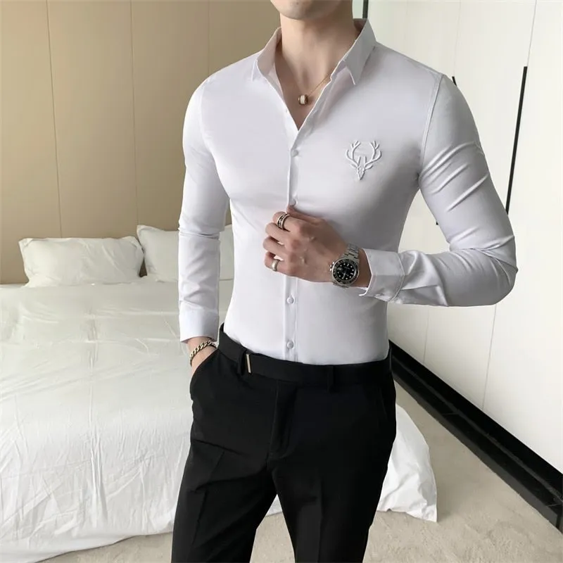 Plus Size Slim Fit Long Sleeve Embroidery Men's British Style Formal Shirt