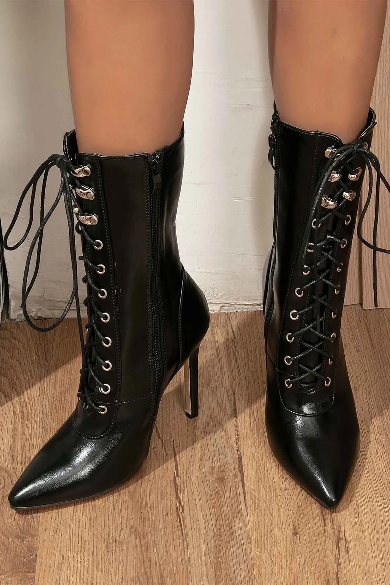 Pointed Toe Lace Up Mid-Calf Boots